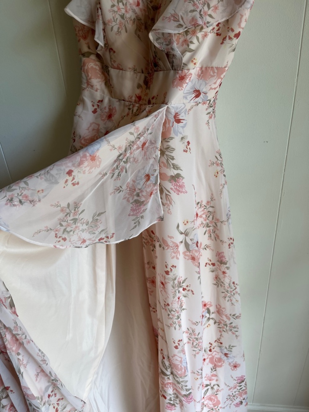 Amazon Pink Floral Ruffle V-Neck Maxi Wrap Wedding Mother Dress Sz Med - Picture 6 of 11